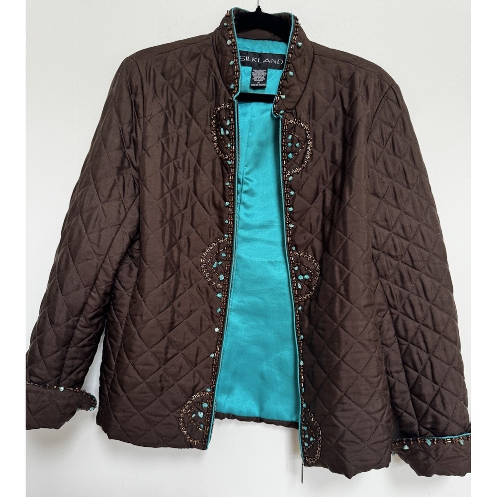 Silkland Quilted Beaded Jacket Brown Turquoise Western Boho Goblincore Artisan‎ - Picture 5 of 16